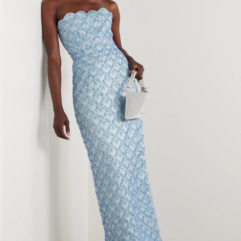 ISO Clio Peppiatt Ariel Strapless Scalloped Embellished Satin Gown in Blue!